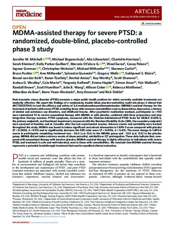 MDMA-assisted therapy for severe PTSD: a randomized, double-blind, placebo-controlled phase 3 study